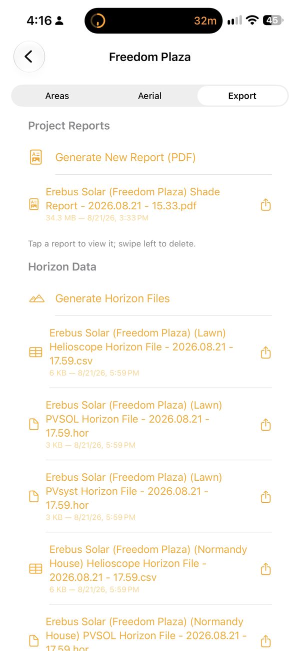 Export tab listing the shade report and horizon files