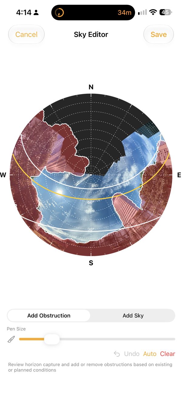 Sky Editor with obstructions marked in red on the stitched sky